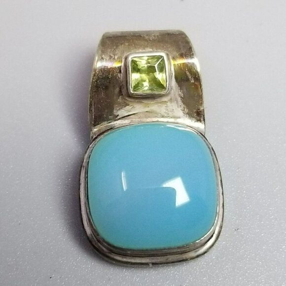 Vintage Sterling Silver Blue Glass Cabochon Slide Pendant, 925 Estate - Picture 1 of 9